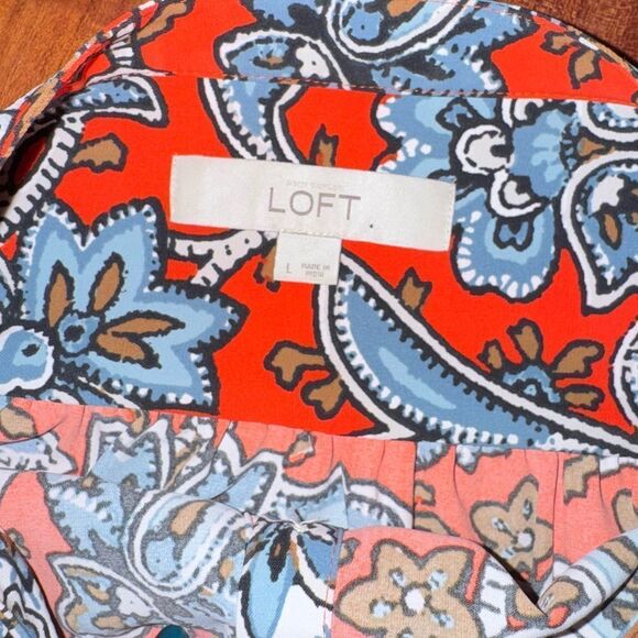 Loft-Anne Taylor Red Blue Brown Floral Long Sleeve Smock Tunic-Henley style sz L - Picture 9 of 16